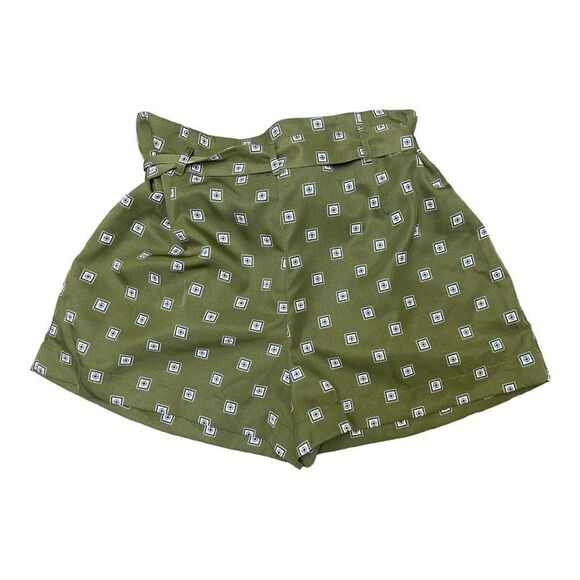 Ann Taylor Factory High Waist Pleated Belted Shorts Green Geometric Print Sz 14 - Picture 5 of 5
